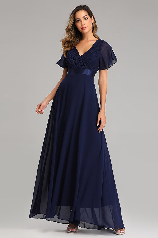Flowy Chiffon Prom Dresses V-neck Ruffled Sleeve Formal Evening Dress E90812