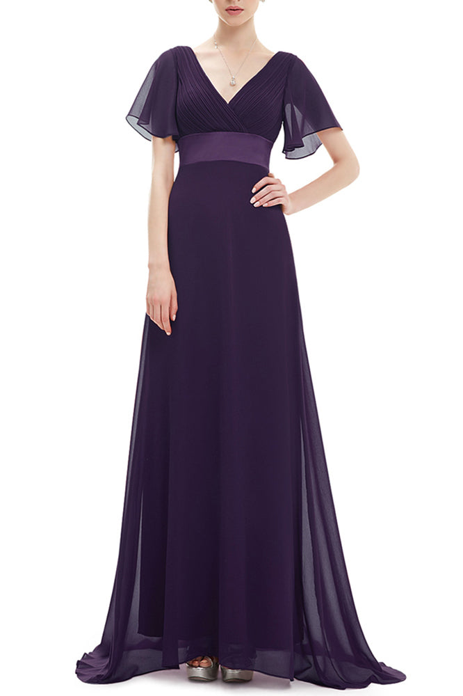 Flowy Chiffon Prom Dresses V-neck Ruffled Sleeve Formal Evening Dress E90812