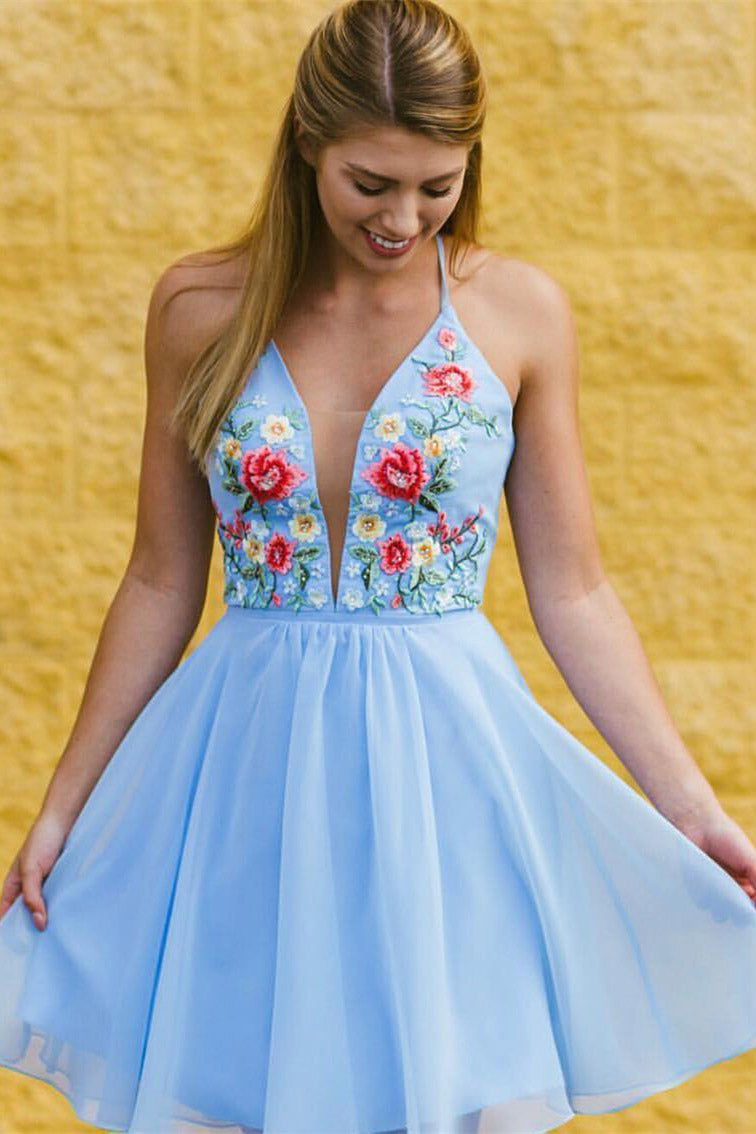 Chiffon Blue V-neck Short Prom Dress Embroidered Homecoming Dress OM213