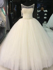 Luxurious Sleeveless Scoop Pearl Beading Tulle Ball Gown Wedding Dress OW181