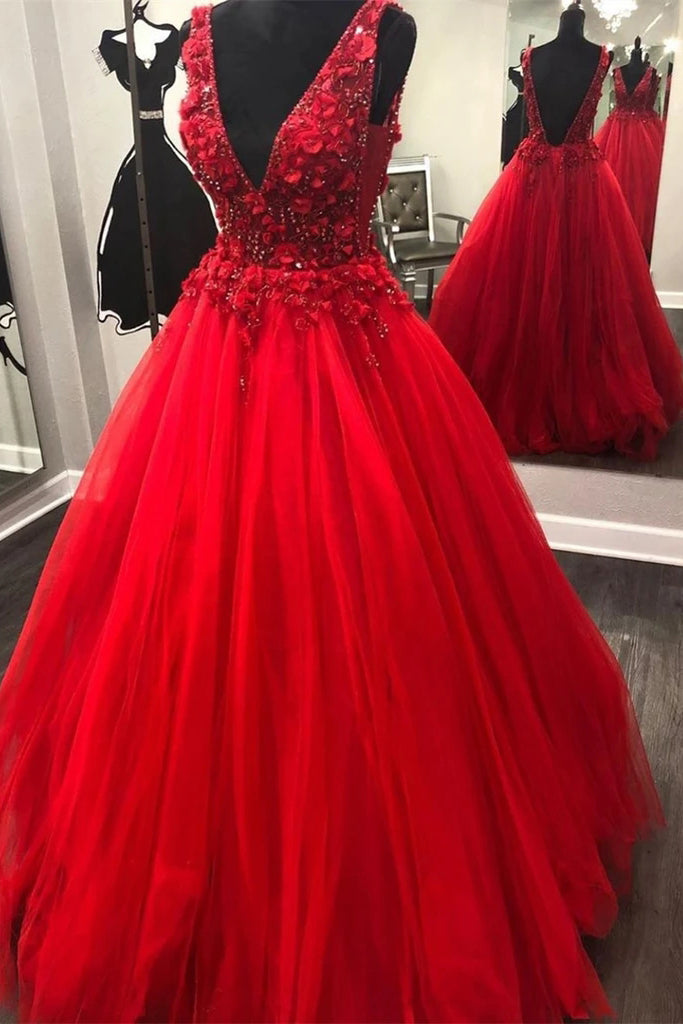 V Neck Beading Red Lace Floral Long Prom Dresses, Gorgeous Red Evening Dresses PO432