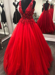 V Neck Beading Red Lace Floral Long Prom Dresses, Gorgeous Red Evening Dresses PO432