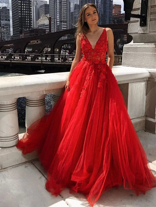 A Line V Neck Red Lace Appliques Long Prom Dresses