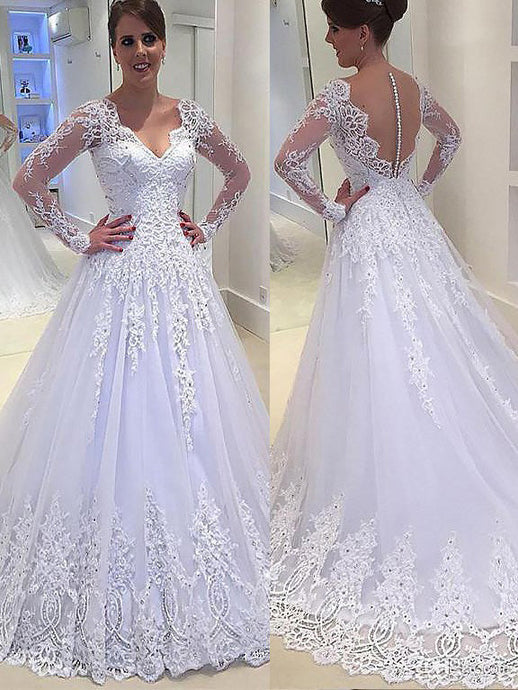 Long Sleeves V-neck Tulle Applique Ball Gown Wedding Dress OW185