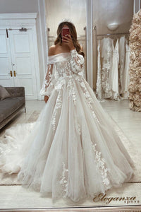 A Line Off the Shoulder Long Sleeve Tulle Wedding Dresses with Appliques N091