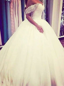 Off-Shoulder Sleeveless Beading Ball Gown Tulle Wedding Dress OW187