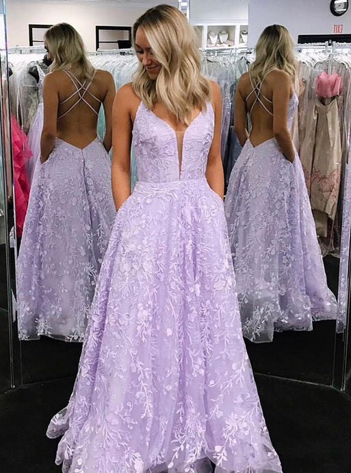 A-line Long Lilac Lace Prom Dresses Backless Formal Gown With Pockets PO336