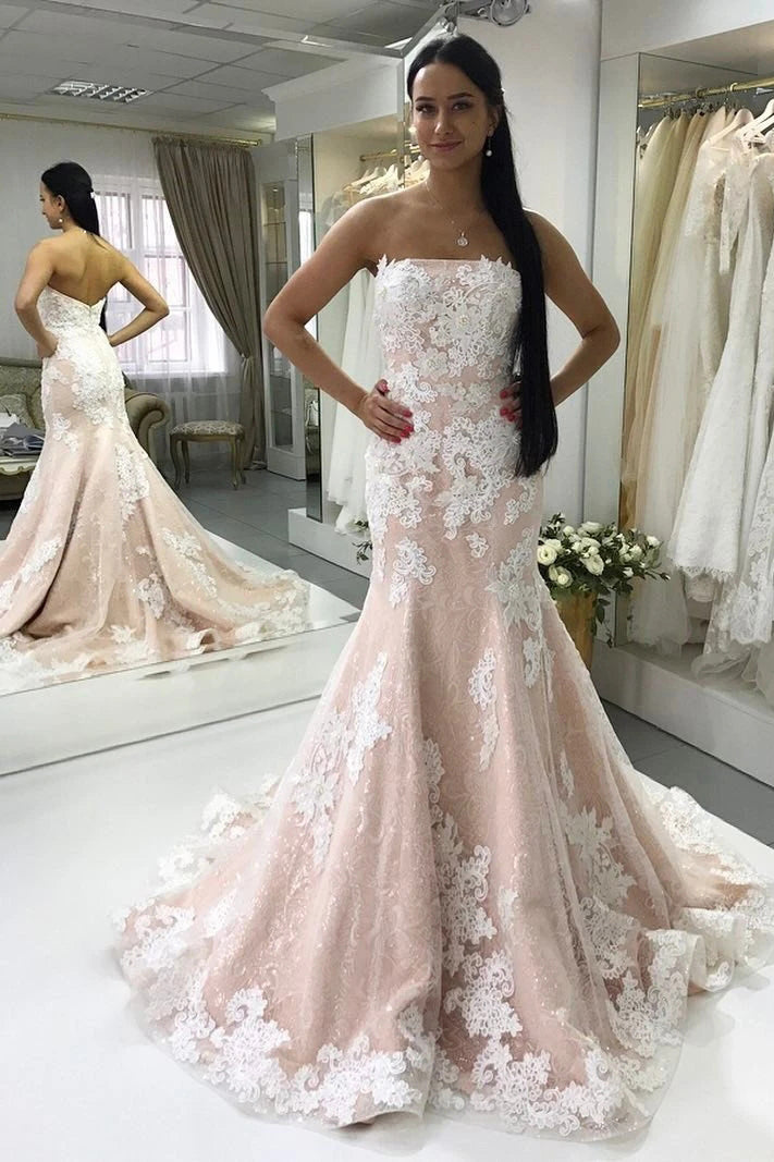 Strapless Bridal Gown Lace Appliques Mermaid Wedding Dresses OW701