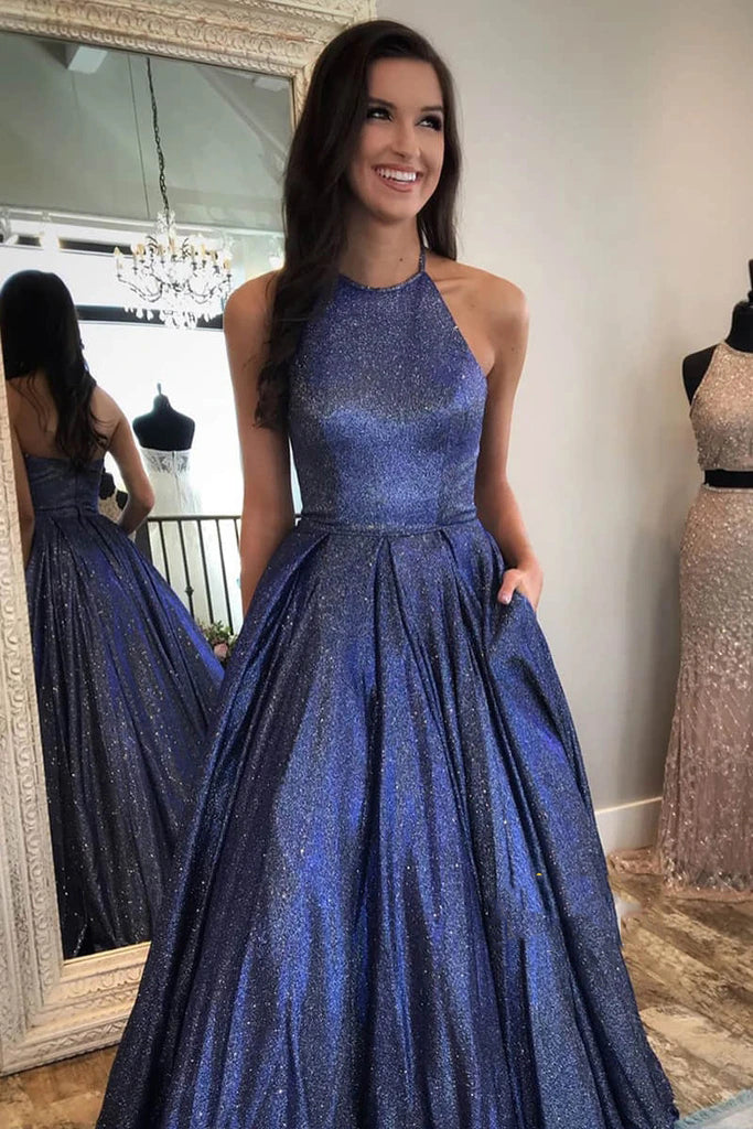 Halter A-Line Sparkle Navy Blue Long Prom Dresses with Pockets PO330