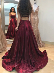 A-line Burgundy Prom Dress with Pockets, Straps Long Formal Gown