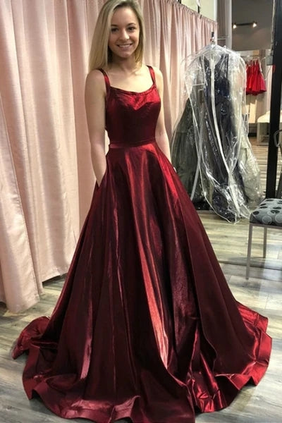 A-line Burgundy Prom Dress with Pockets, Straps Long Formal Gown