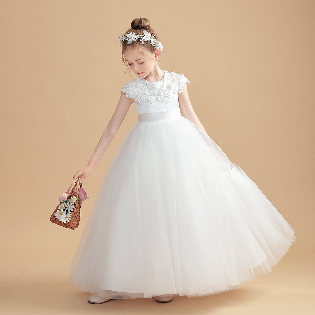 Short Sleeves Round Neck Satin Flower Girl Dress With Lace Appliques
