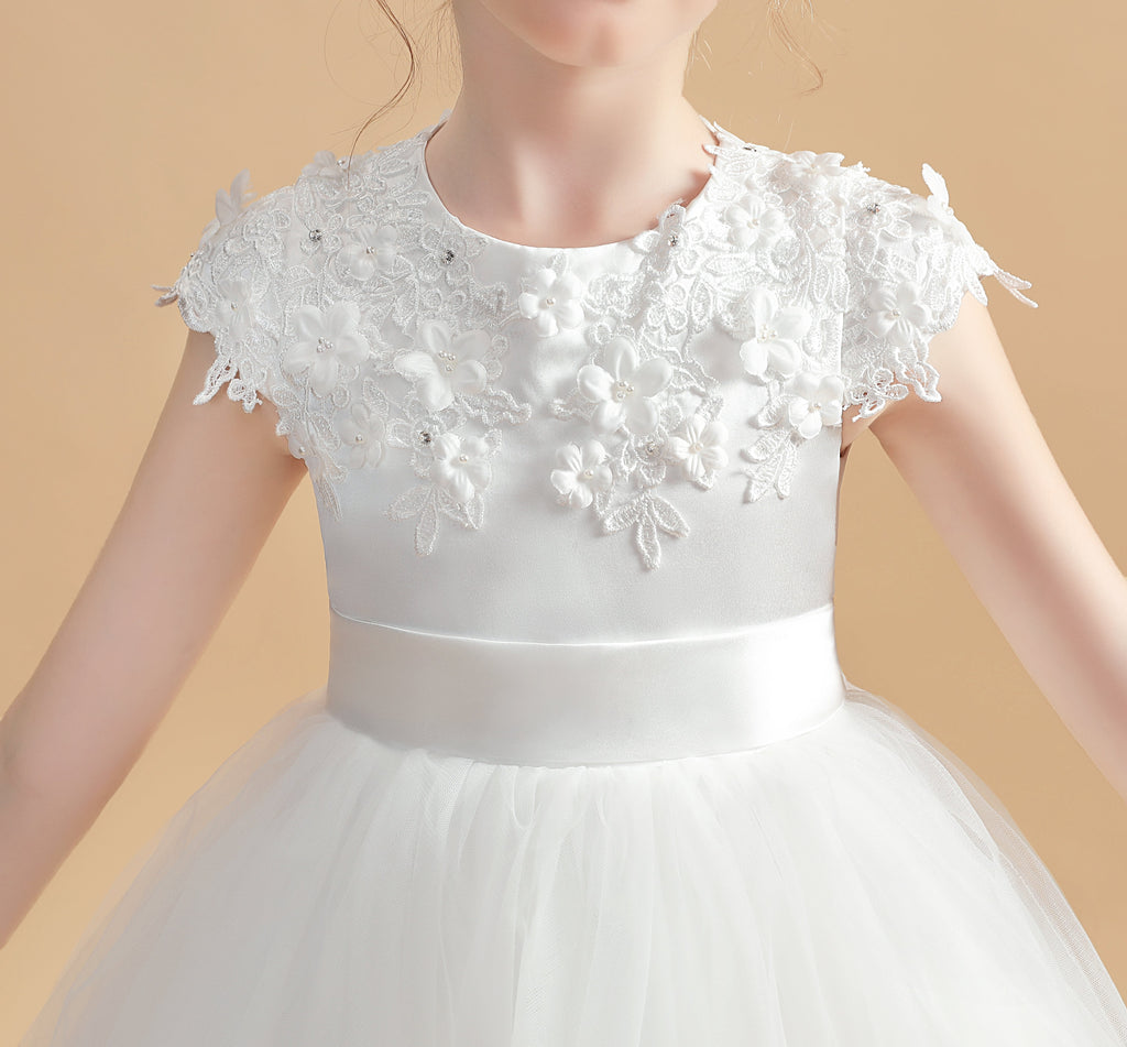 Short Sleeves Round Neck Satin Flower Girl Dress With Lace Appliques
