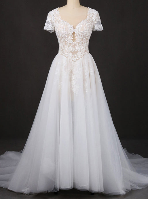 A-line Short Sleeves Lace Appliques Wedding Dress Keyhole Back Bridal Gown OW570