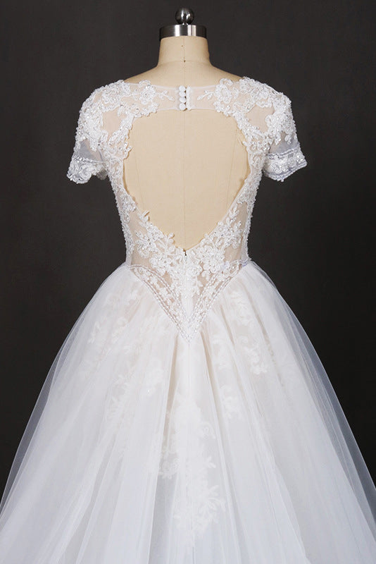 A-line Short Sleeves Lace Appliques Wedding Dress Keyhole Back Bridal Gown OW570