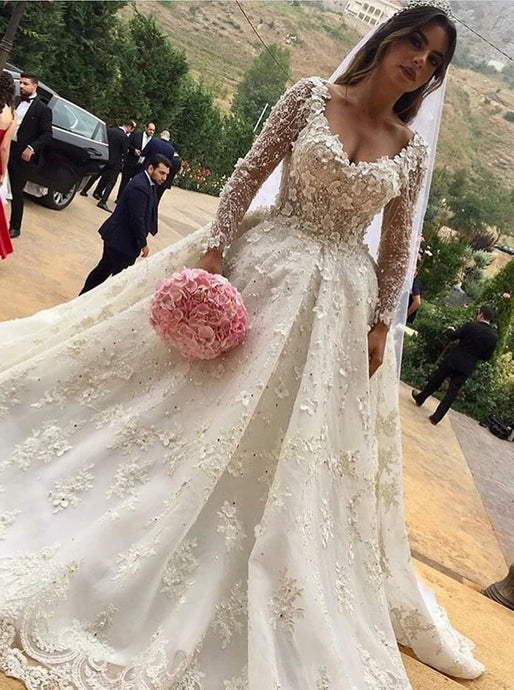 V-Neck Long Sleeves Ball Gown Wedding Dress with Appliques OW642