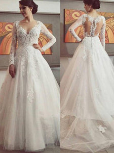 Charming Vintage Lace Long Sleeves Ball Gown Tulle Wedding Dress OW195