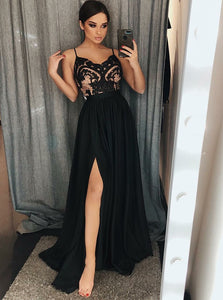 Sexy Black A-Line Spaghetti Straps Lace Satin Long Prom Dress With Split