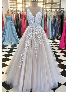 V Neck Lace Appliques Ball Gown Tulle Backless Wedding Dress OW323
