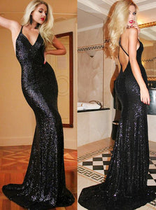 Mermaid Straps V-Neck Criss-Cross Backless Sequined Prom Dress OP250