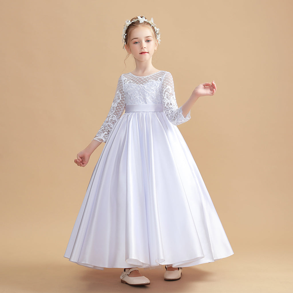 Round Neck Long Sleeves White Satin Flower Girl Dress With Bowknot