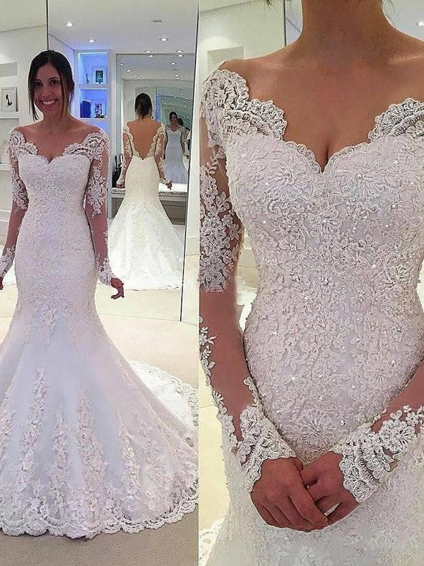 Mermaid V-neck Long Sleeves Lace Applique Court Train Tulle Wedding Dress OW111