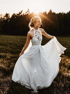 A-Line Halter Lace Chiffon Long Beach Flowy Wedding Dress W460