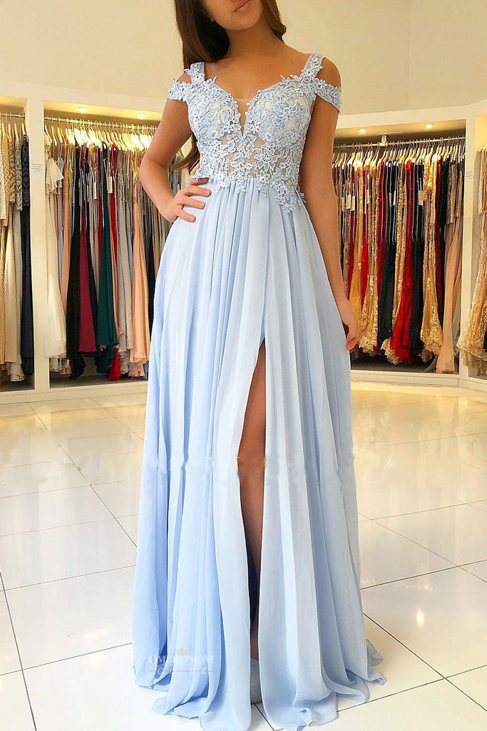 Chiffon Blue A-line Scalloped Neck Prom Dress With Split Front OP500