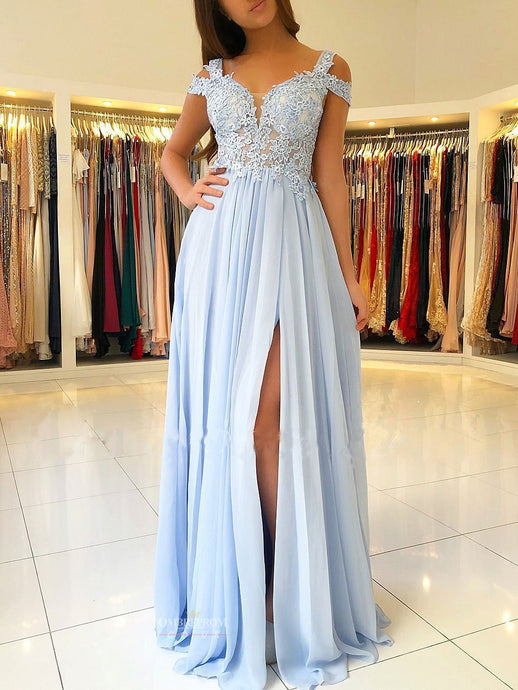 Chiffon Blue A-line Scalloped Neck Prom Dress With Split Front OP500