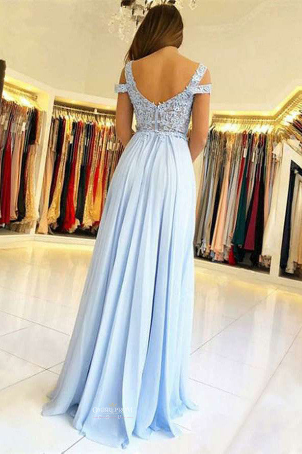 Chiffon Blue A-line Scalloped Neck Prom Dress With Split Front OP500