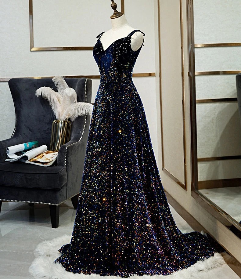 Sparkly Long A-line Lace Up Back Evening Prom Dresses Party Dress B0001