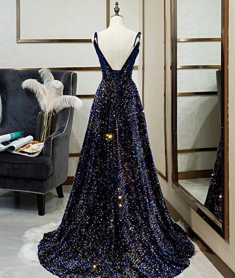 Sparkly Long A-line Lace Up Back Evening Prom Dresses Party Dress B0001