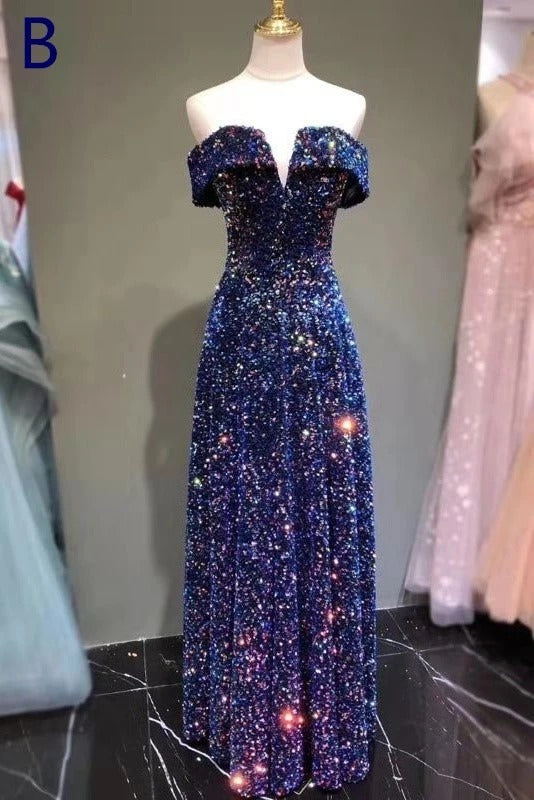 New Arrival Sequin Shiny Long Prom Dresses For Women Modest Eveing Gown B0005