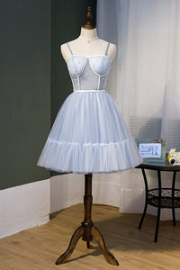 A-Line Sky Blue Fairy Dress with Pearls Spaghetti Straps Homecoming Dress