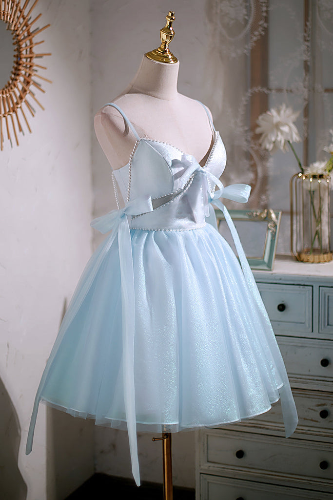 Short Mini Cute Sky Blue Spaghetti Straps Party Dress Disney  Homecoming Dress