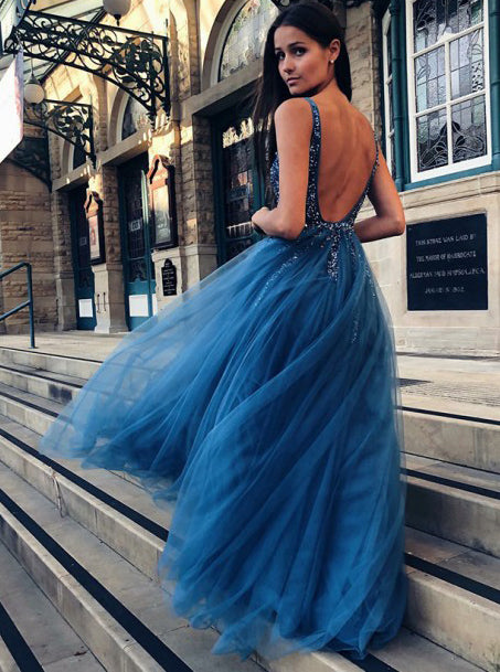 A-Line Blue V-neck Backless Tulle Long Prom Dress with Beading