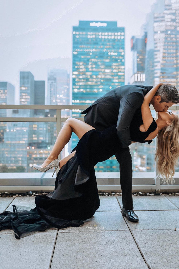 Mermaid Black Off the Shoulder Long Prom Party Dress With Split OP501