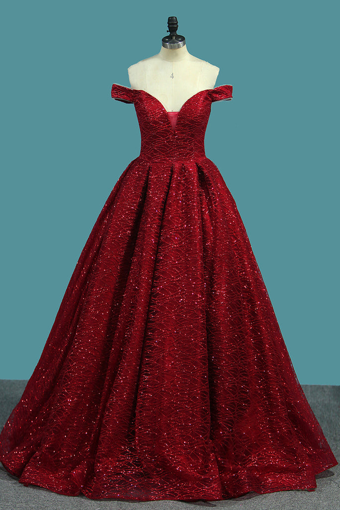 Sparkly Princess Red Off-The-Shoulder Ball Gown Prom Dress OP358