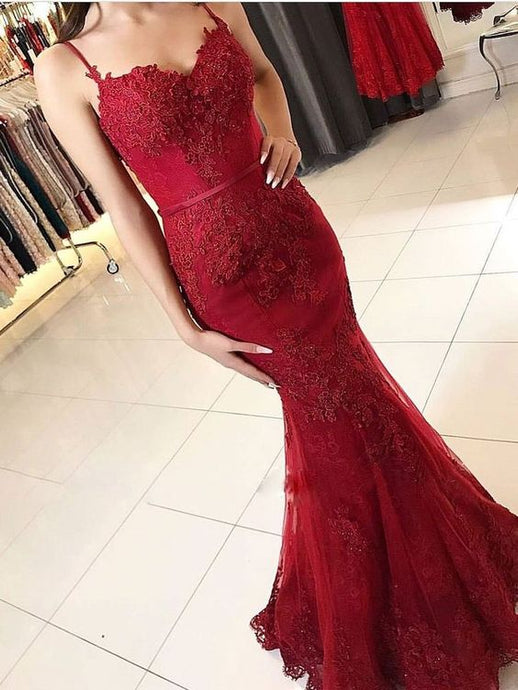 Mermaid/Trumpet Burgundy Spaghetti Straps Lace Long Prom Dress