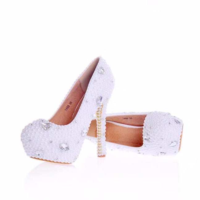 Patent Leather Closed Toe With Pearl Rhinestone White Wedding Shoes OS120