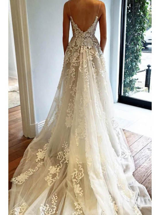 Princess Spaghetti Straps Lace Beach Wedding Dress Boho Bridal Gown With Appliques OW324