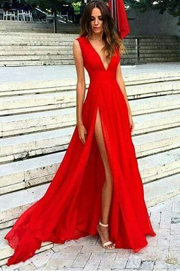 Sexy Chiffon Ruched Waist Red Long Prom Dress Evening Dress With Split OP326