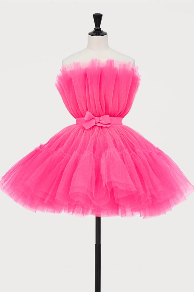 Cute Short Strapless Tulle Homecoming Dress With Bowknot