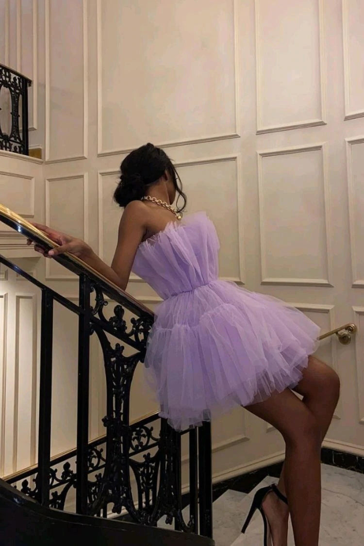 Cute Short Strapless Tulle Homecoming Dress With Bowknot