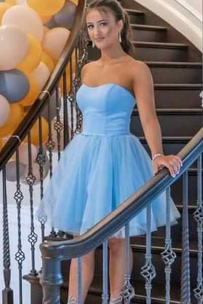 Short Light Blue Strapless A Line Tulle Homecoming Dress