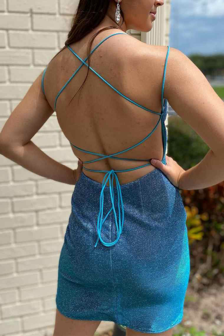 Pretty Short Blue Spaghetti-Straps Homecoming Dress