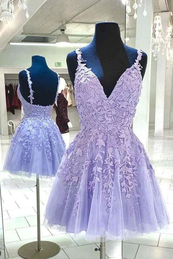 Pretty A-line Daffodil Tulle Short Prom Dresses With Appliques, Homecoming Dresses