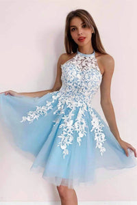 Sky Blue A-line Tulle Short Prom Dresses With Appliques, Homecoming Dresses