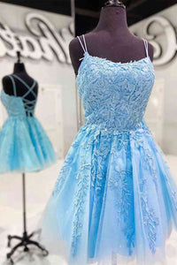 Simple Blue A-line Spaghetti Straps Short Prom Dresses, Homecoming Dresses
