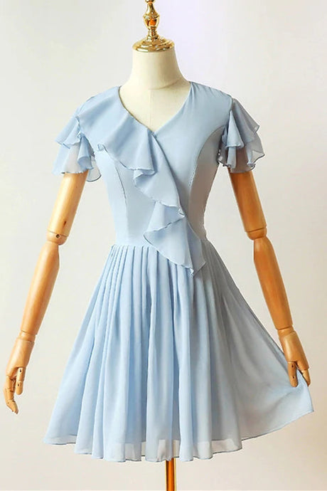 Blue A-line V-neck Chiffon Short Prom Dresses, Homecoming Dresses